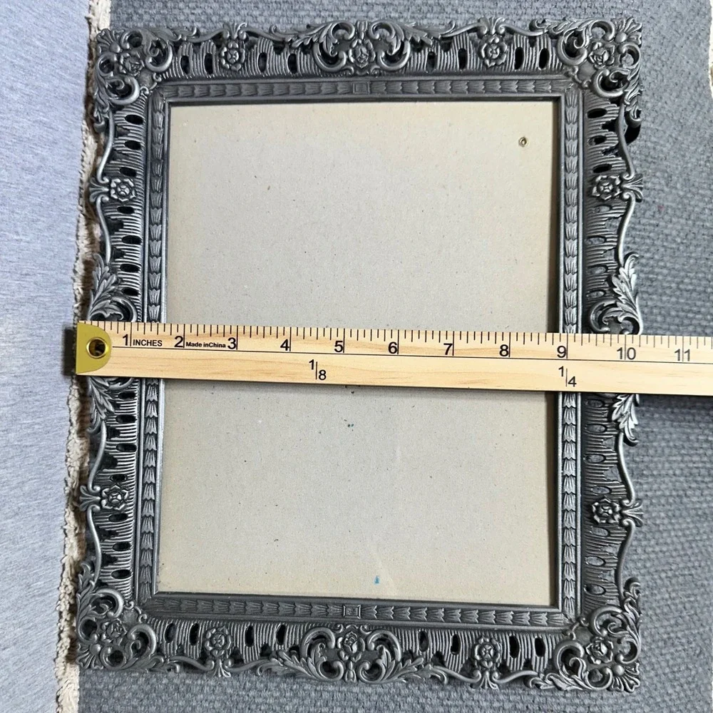 Vtg Ornate Pewter Tone Metal Scrollwork 8x10 Pic Frame Chic Shabby Cottage Rose